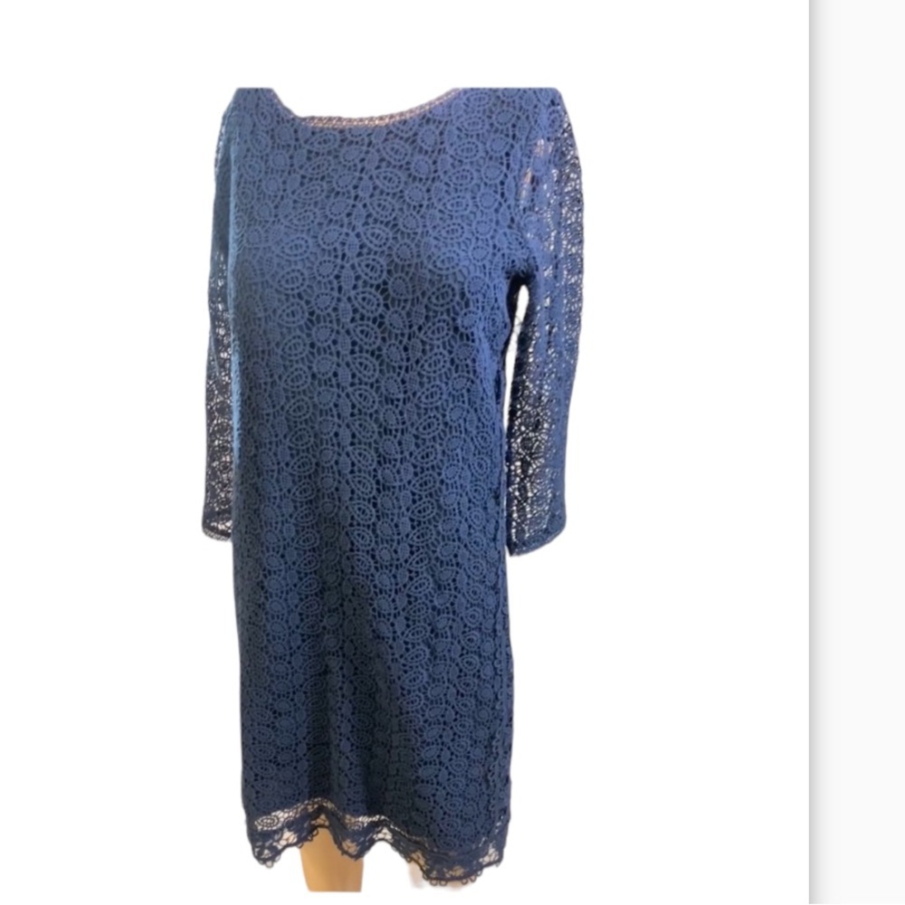 Massimo Dutti Crochet Lace Navy Blue Overlay 3/4 Sleeves Dress size M